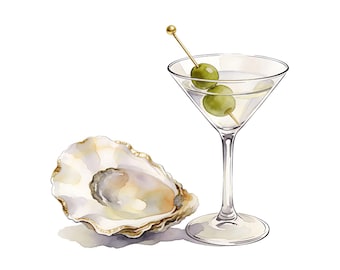 Oyster and Martini Watercolor Art Print, Coastal Bar Decor (Digital Download)