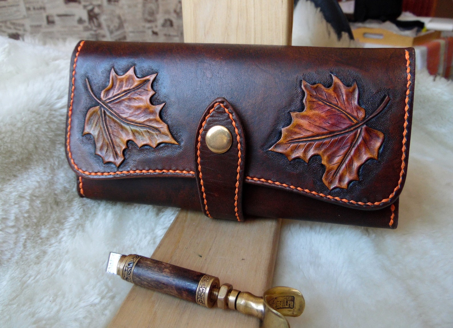 Leather Tooled Wallet Maple Leaf Stamping Etsy
