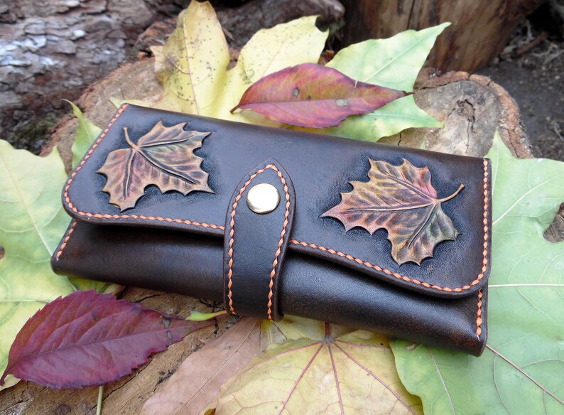 Leather Tooled Wallet Maple Leaf Stamping Etsy