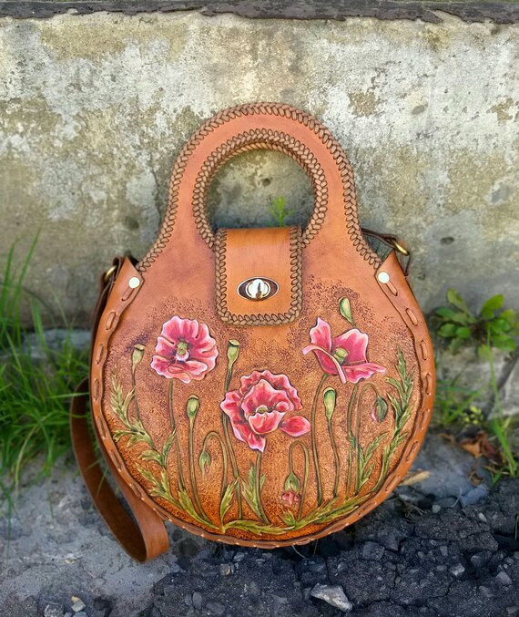 Leather tooled bag scarlet poppies hands stamping painting | Etsy