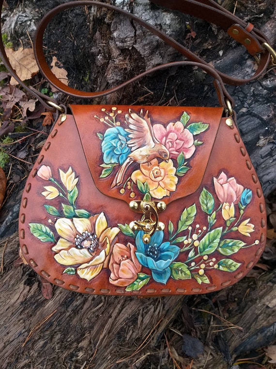 Leather tooled shoulder bag spring song flowers | Etsy