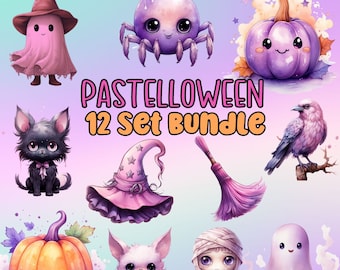 May include: A set of 12 pastel-colored Halloween illustrations featuring a variety of characters, including a ghost, a witch, a spider, a pumpkin, a cat, a mummy, a crow, and a broom. The illustrations are in a cute, cartoon style and are perfect for use in digital or printed projects.