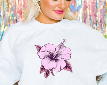 Hibiscus Crewneck, Pink Hibiscus Sweater, Hibiscus Gift, Pink Hibiscus Shirt