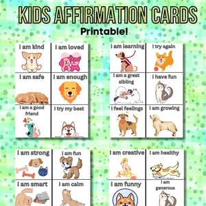 Cartões de afirmação imprimíveis para crianças, cartões motivacionais, cartões de positividade, afirmação diária, cartões de positividade infantil, cartões de afirmação de cães