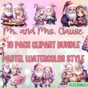 Santa and Mrs Claus Clipart, Watercolor Santa PNG, Retro Santa Clipart, Pastel Santa Sublimation Design