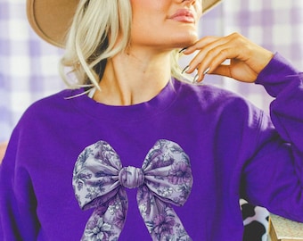 Sudadera con lazo Coquette, suéter con lazo Toile de Jouy, sudadera Coquette Girl, cuello redondo con lazo floral femenino, estética de chica suave con lazo