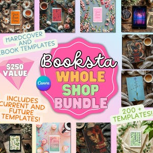 Può includere: Una grafica rosa e verde con il testo "Booksta Whole Shop Bundle" e il testo "200+ Templates!" La grafica è circondata da immagini di copertine di libri e mockup.