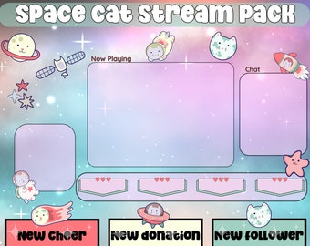 Superposición de transmisión de Space Cat, paquete de superposición de Kitty Twitch, accesorios Cute Cat Stream Vtuber, diseño de transmisión, superposición de Twitch de coqueta