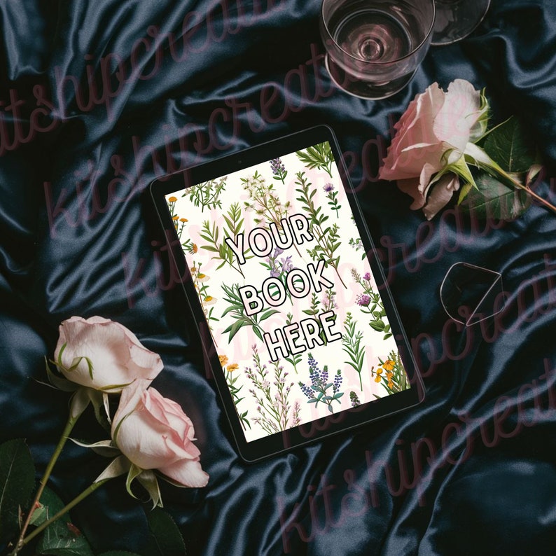 K&ouml;nnte beinhalten: Ein Tablet-Computer mit einem floralen Design und dem Text "YOUR BOOK HERE" auf dem Bildschirm. Das Tablet liegt auf einem dunkelblauen Satin-Stoff mit rosa Rosen.