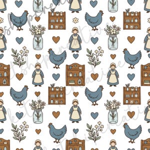 May include: A repeating pattern on a white background features blue chickens, brown shelves with jars, women in aprons, mason jars with flowers, brown hearts, and sprigs of leaves. The design has a rustic, farmhouse theme.