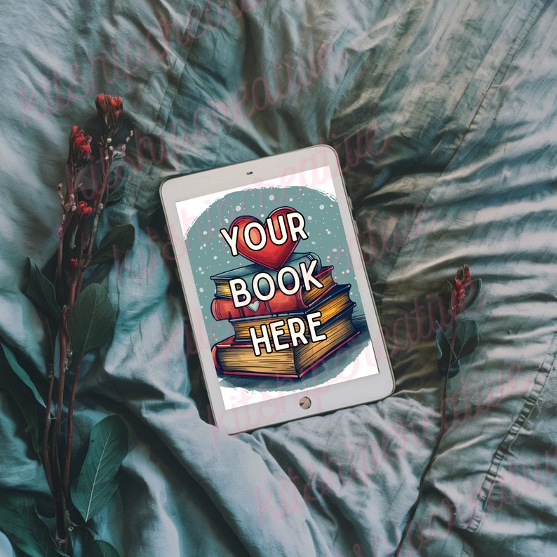 K&ouml;nnte beinhalten: Ein wei&szlig;es Tablet mit blauem Hintergrund und einem roten Herzen mit dem Text "YOUR BOOK HERE" auf dem Bildschirm. Das Tablet liegt auf einem blauen und wei&szlig;en Bettbezug mit gr&uuml;nen Bl&auml;ttern und roten Blumen.