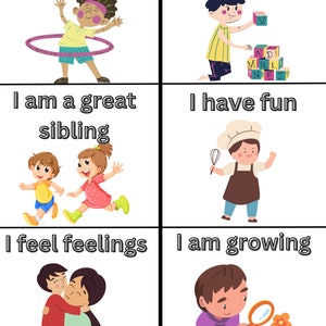 May include: A colorful illustration of six different scenes depicting children engaging in various activities. The scenes include a child playing with a hula hoop, a child building with blocks, a child playing with a whisk, a child playing with a magnifying glass, a child hugging another child, and two children running side by side. The text in the image reads "I am learning", "I try again", "I am a great sibling", "I have fun", "I feel feelings", and "I am growing".