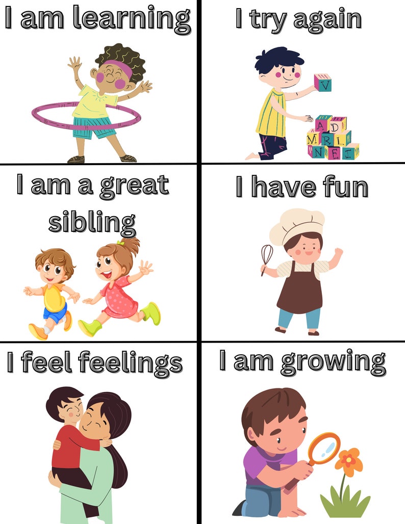 May include: A colorful illustration of six different scenes depicting children engaging in various activities. The scenes include a child playing with a hula hoop, a child building with blocks, a child playing with a whisk, a child playing with a magnifying glass, a child hugging another child, and two children running side by side. The text in the image reads "I am learning", "I try again", "I am a great sibling", "I have fun", "I feel feelings", and "I am growing".