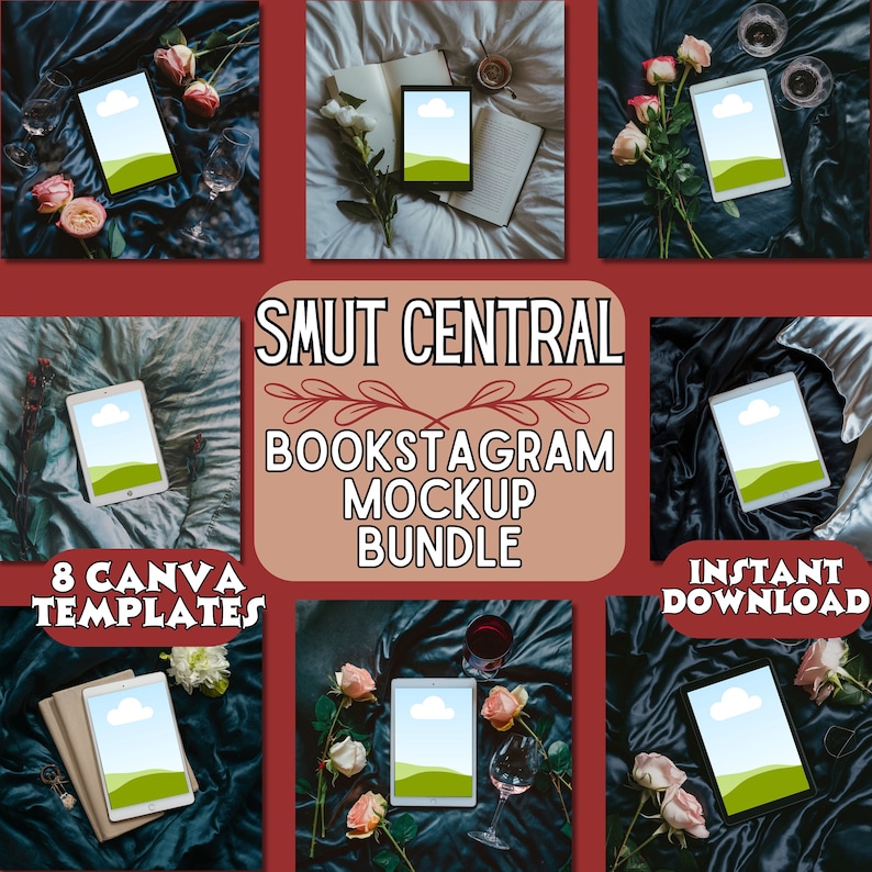 K&ouml;nnte beinhalten: Ein Mockup-Paket mit 8 Canva-Vorlagen f&uuml;r Bookstagram mit einem Tablet auf einem Bett mit Blumen und einem Buch. Der Text "SMUT CENTRAL BOOKSTAGRAM MOCKUP BUNDLE 8 CANVA TEMPLATES INSTANT DOWNLOAD" befindet sich auf dem Bild.
