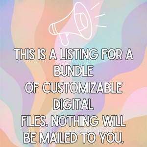 Może przedstawiać: Cyfrowa ilustracja megafonu z tekstem "THIS IS A LISTING FOR A BUNDLE OF CUSTOMIZABLE DIGITAL FILES. NOTHING WILL BE MAILED TO YOU."