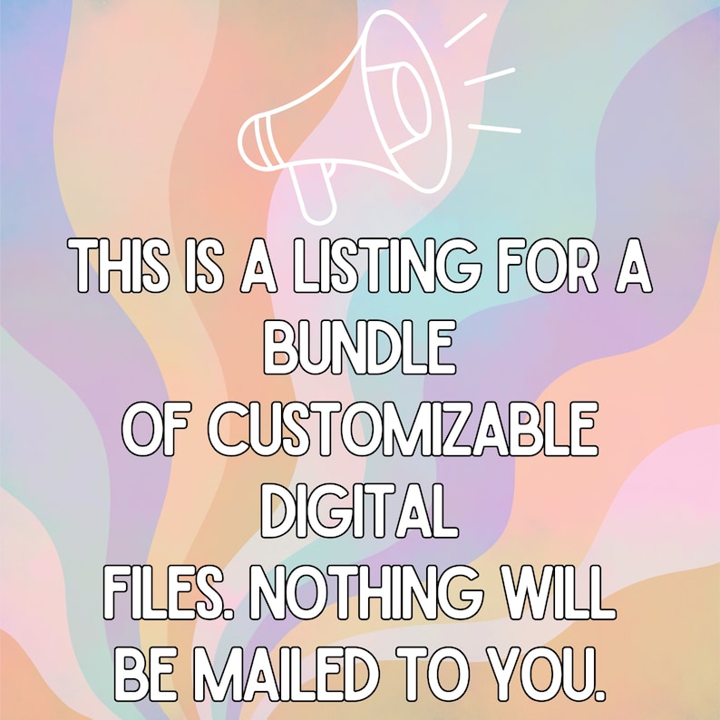 Może przedstawiać: Cyfrowa ilustracja megafonu z tekstem "THIS IS A LISTING FOR A BUNDLE OF CUSTOMIZABLE DIGITAL FILES. NOTHING WILL BE MAILED TO YOU."