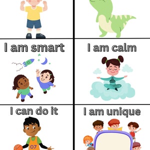 May include: Six colorful cards with positive affirmations for children. Each card features a different illustration and text. The cards read: "I am strong", "I am enough", "I am smart", "I am calm", "I can do it", and "I am unique".