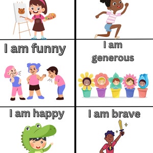 May include: A colorful illustration of six different children, each representing a positive character trait. The traits are: creative, healthy, funny, generous, happy, and brave.
