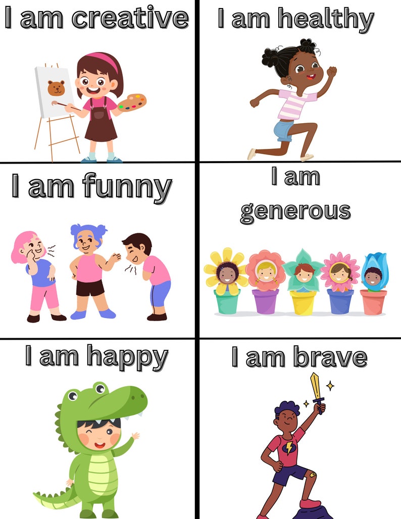 May include: A colorful illustration of six different children, each representing a positive character trait. The traits are: creative, healthy, funny, generous, happy, and brave.