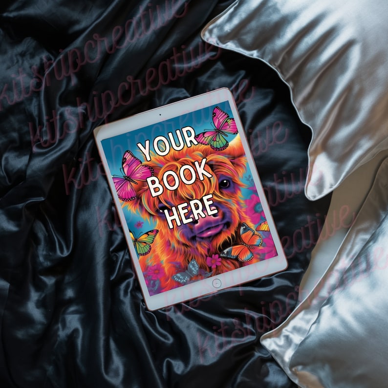 K&ouml;nnte beinhalten: Ein digitales Tablet mit einer farbenfrohen Illustration einer schottischen Hochlandkuh mit Schmetterlingen. Der Text "YOUR BOOK HERE" wird auf dem Tablet angezeigt.