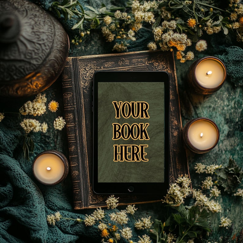 Może przedstawiać: Brązowy, sk&oacute;rzany dziennik w ciemnym odcieniu z czarnym ekranem tabletu, na kt&oacute;rym wyświetla się tekst "YOUR BOOK HERE" na zielonym tle. Dziennik otoczony jest świecami i zielenią.