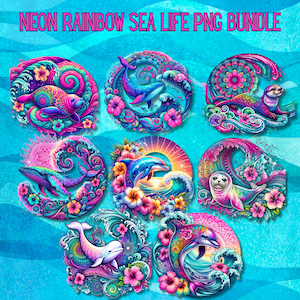 Delfin PNG | Delfin Clipart | Neon Regenbogen Clipart | Delphin Clipart Bundle | Wal Clipart | Otter Clipart | Sea Life Clipart Bundle