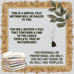 May include: A digital file download for a Canva template, illustrated with a stack of books, a quill pen, and a gold frame. The text reads: "This is a digital file! Nothing will be mailed to you. You will receive a file that contains a link to the Canva template, free of watermarks. For personal or promotional use only. You may not share or re-sell this template."