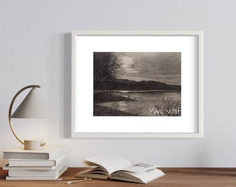 Der Angler am See, Graphitzeichnung