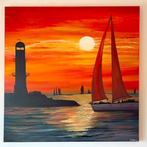 May include: A painting of a sailboat with red sails sailing away from a lighthouse at sunset. The sun is a bright white circle in the orange and red sky.