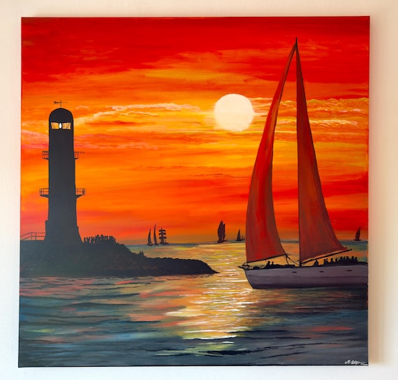 Sunset Sailboat Painting: Acrylic Seascape Art (100x100cm)
