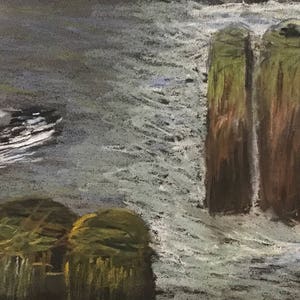 May include: A pastel drawing depicting a seagull perched on a wooden post. The bird is white and grey with a red beak and legs. The background shows water and more wooden posts.