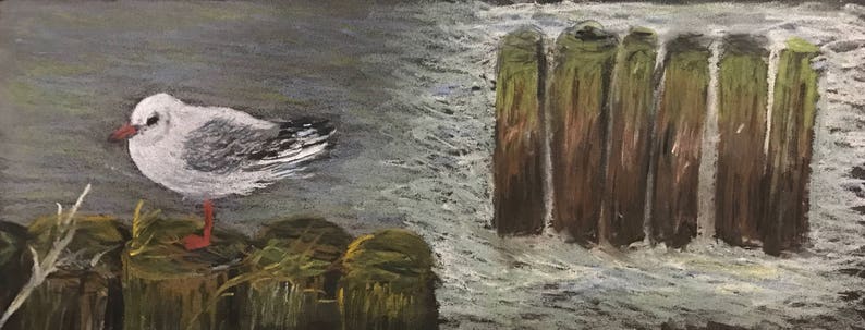 May include: A pastel drawing depicting a seagull perched on a wooden post. The bird is white and grey with a red beak and legs. The background shows water and more wooden posts.