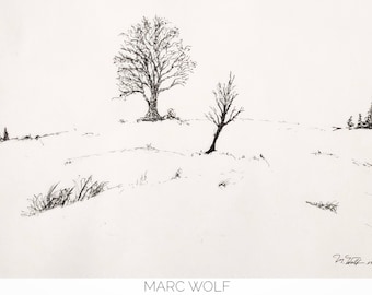 Winter, Kohlezeichnung auf Papier (29,7x21 cm), Original Landschaftsmalerei von Marc Wolf, Geschenkidee Weihnachten, Christmas