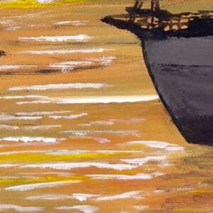 May include: Abstract painting of a boat sailing on water with a sunset background. The water is painted in shades of brown, yellow, and white, and the boat is painted in black and gray.
