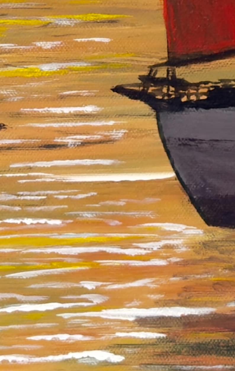 May include: Abstract painting of a boat sailing on water with a sunset background. The water is painted in shades of brown, yellow, and white, and the boat is painted in black and gray.
