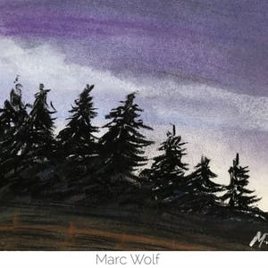 Waldrand im Abendlicht, Pastellmalerei auf Papier