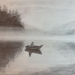 Einsame Stille auf dem See, Kohle- / Graphitzeichnung auf Papier DIN A4 29,7 x 21 cm, original Landschaftsmalerei von Marc Wolf