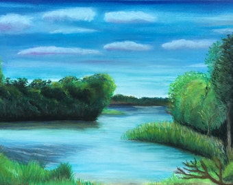 Sommer am See – Natürliche Stille, Pastellmalerei, im Alurahmen