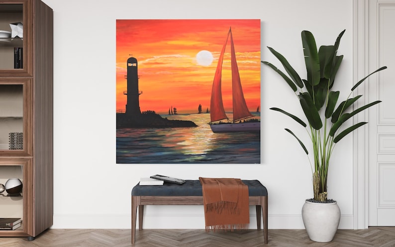 May include: A painting of a sailboat with a red sail sailing away from a lighthouse at sunset. The sky is orange and yellow, and the water is blue and green.
