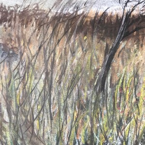 May include: A pastel drawing depicting a windswept field of tall grass. The artwork uses earthy tones of brown, yellow, and green, with a dark tree on the right and a grey sky. The style is similar to a landscape painting.
