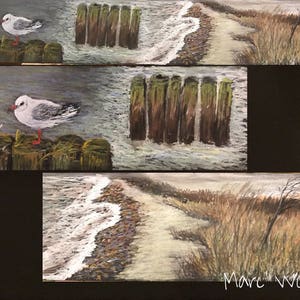 May include: A pastel artwork showing a coastal scene. It features a seagull on a wooden piling, waves, and a path leading to tall grass. The colour palette includes shades of grey, brown, and white.