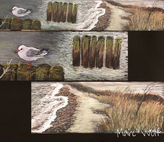 Strandcollage mit Möwe, Pastellmalerei auf Fotokarton. Maritimes Originalgemälde