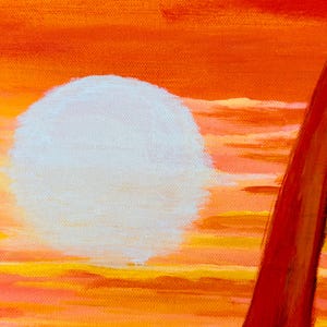 May include: Abstract painting with a large white circle in the center, surrounded by orange, yellow, and red stripes. A red vertical stripe is on the right side of the image.
