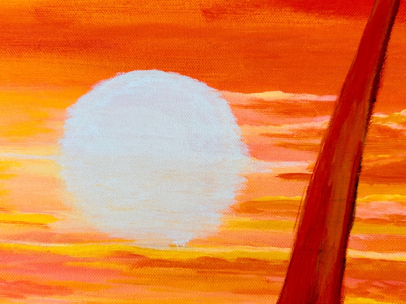 May include: Abstract painting with a large white circle in the center, surrounded by orange, yellow, and red stripes. A red vertical stripe is on the right side of the image.