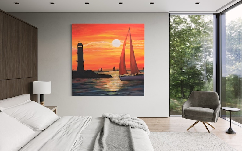 May include: A painting of a sailboat with a red sail sailing away from a lighthouse at sunset. The sky is orange and yellow, and the water is blue and green.