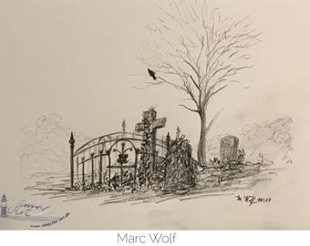 Der alte Friedhof, Kohlezeichnung auf Papier DIN A4 29,7x21 cm,