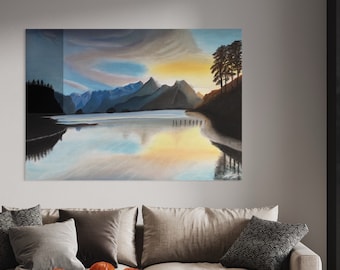 Abendstimmung am See in den Bergen, Pastellmalerei im Alurahmen