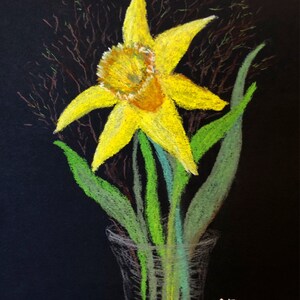 Narzisse auf schwarzem Hintergrund , Papier pastel sur carton photo , 24,8x18,5 cm