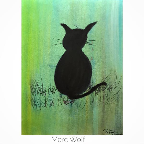 Verträumte Katze, Pastellmalerei auf Papier , DIN A3 29,7x42 cm, original abstrakte Malerei von Marc Wolf