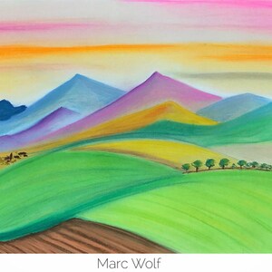 May include: A pastel painting of a landscape with a mountain range in the background and rolling hills in the foreground. The sky is a soft pink and orange, and the mountains are a variety of colors, including purple, blue, and green. The hills are a vibrant green, and there are a few small trees in the foreground. The painting is signed "Marc Wolf" in the bottom right corner.
